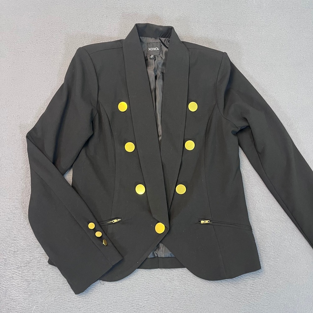 XOXO Womens Black Double Breasted Blazer Gold Buttons Shawl Lapel Size L NWT VTG